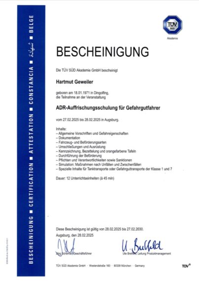 Bescheinigung für Gefahrgutfahrer