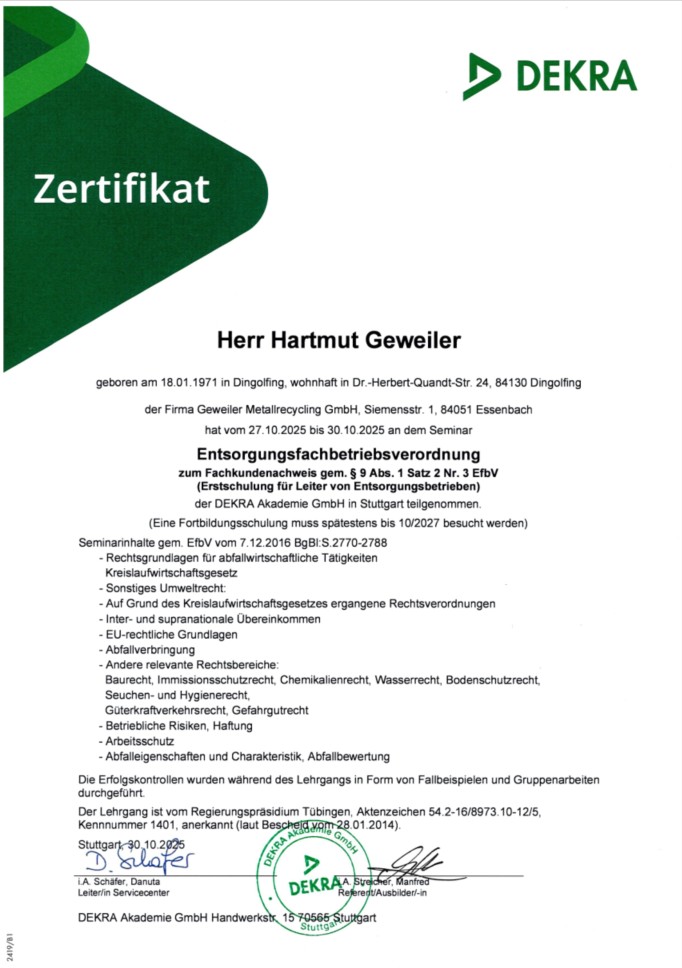 Dekra Zertifikat Entsorgungsfachbetriebsverordnung Zertifikat Fortbildung Abfallbeauftragte