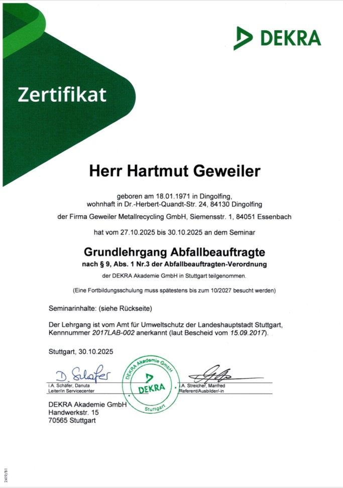 Dekra Zertifikat Grundlehrgang Abfallbeauftragte Zertifikat Entsorgungsfachbetriebsverordnung