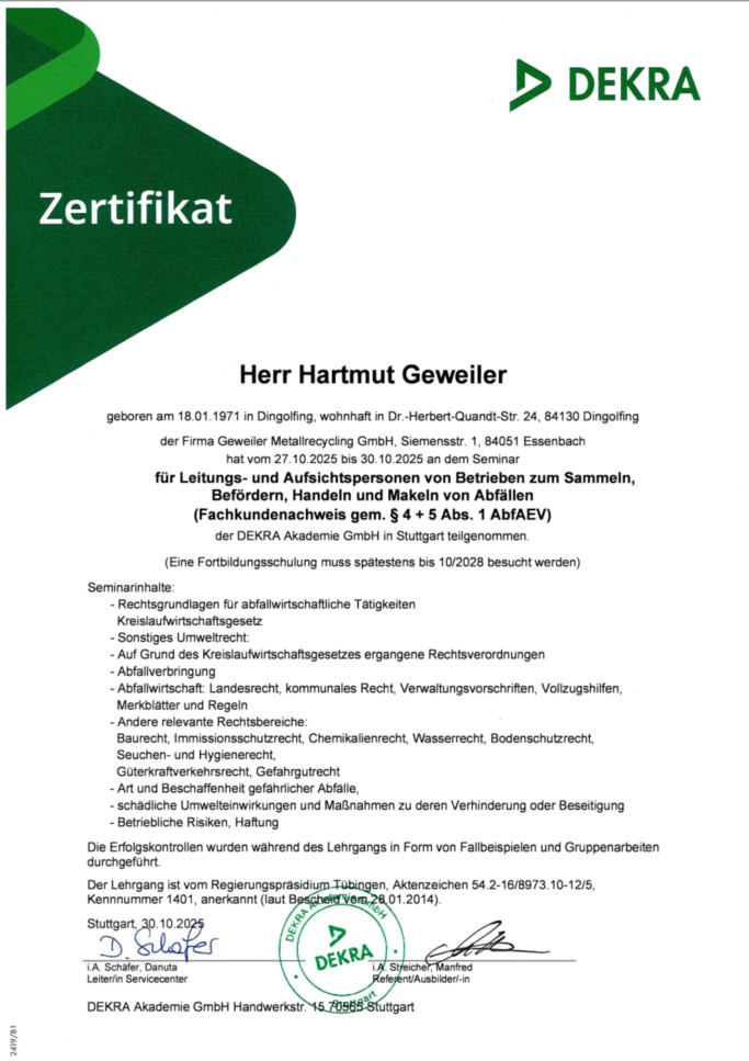 Dekra Zertifikat Leitungs- und Aufsichtspersonen Zertifikat Leitungs-Aufsichtspersonal