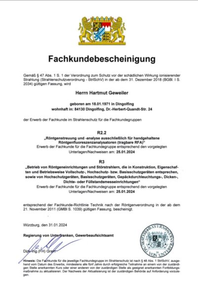 Fachkundebescheinigung im Strahlenschutz