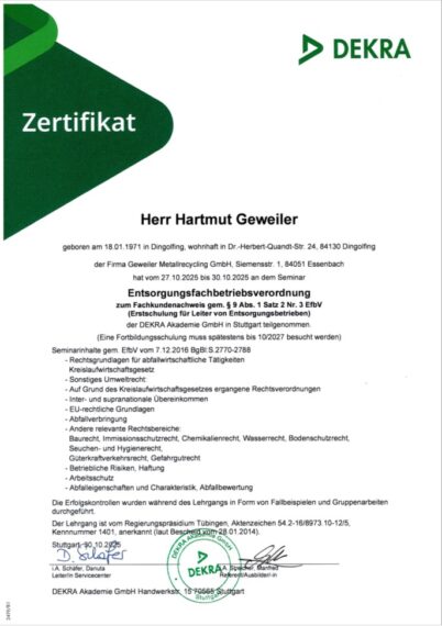 Fachkundenachweis Entsorgungsfachbetrieb