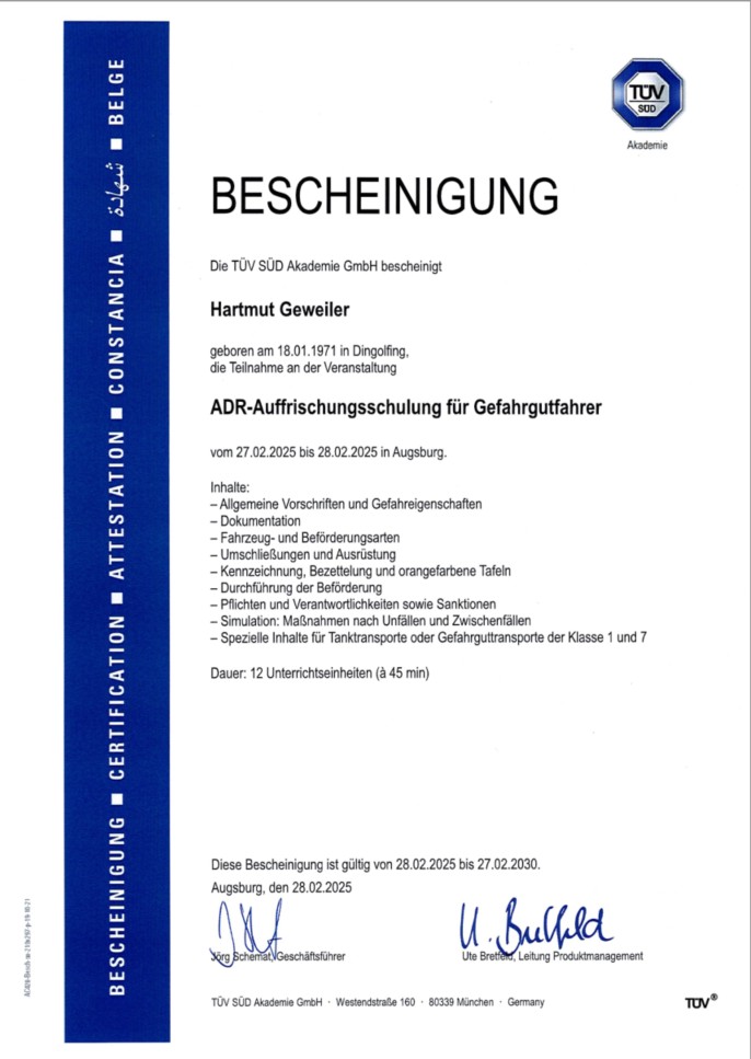 TÜV Bescheinigung ADR-Auffrischungsschulung für Gefahrgutfahrer Fortbildung Gefahrgutfahrer