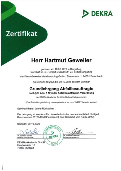 Zertifikat Abfallbeauftragter